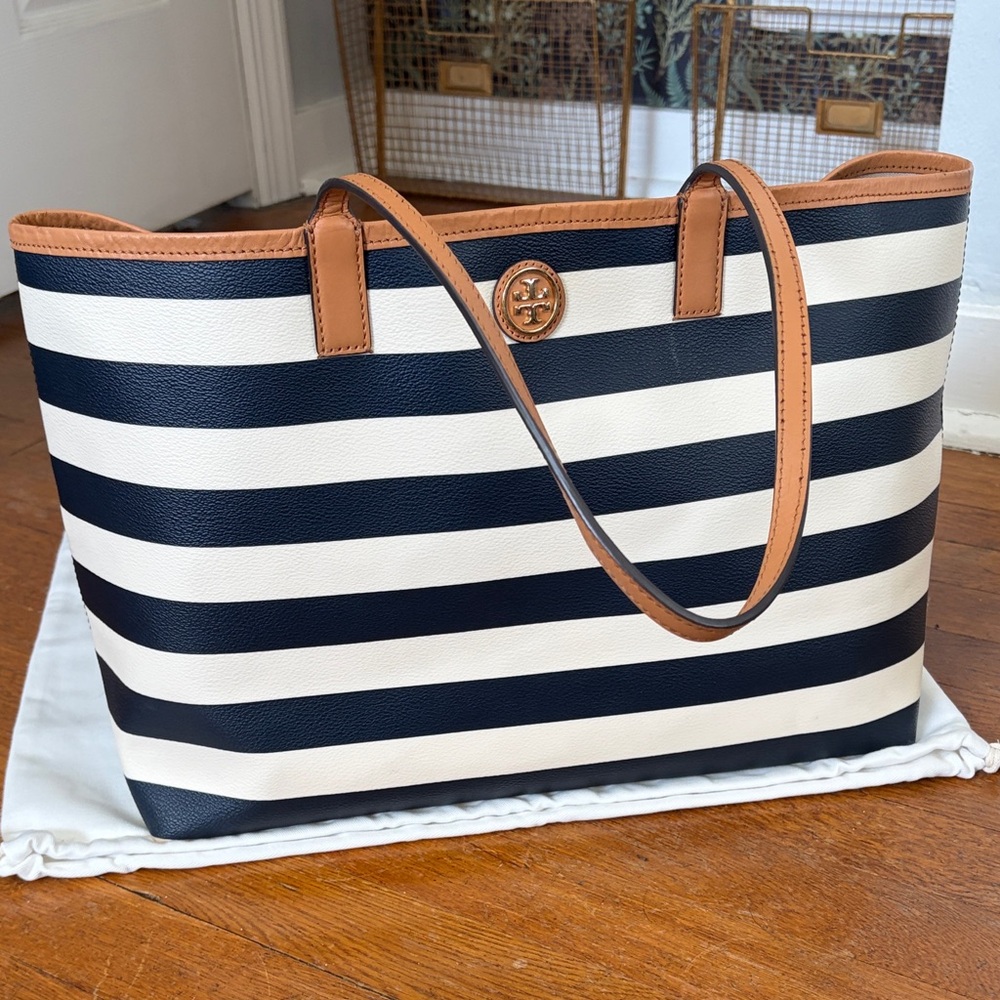Tory Burch Navy and White Striped Kerrington Tote with Leather Trim and Logo